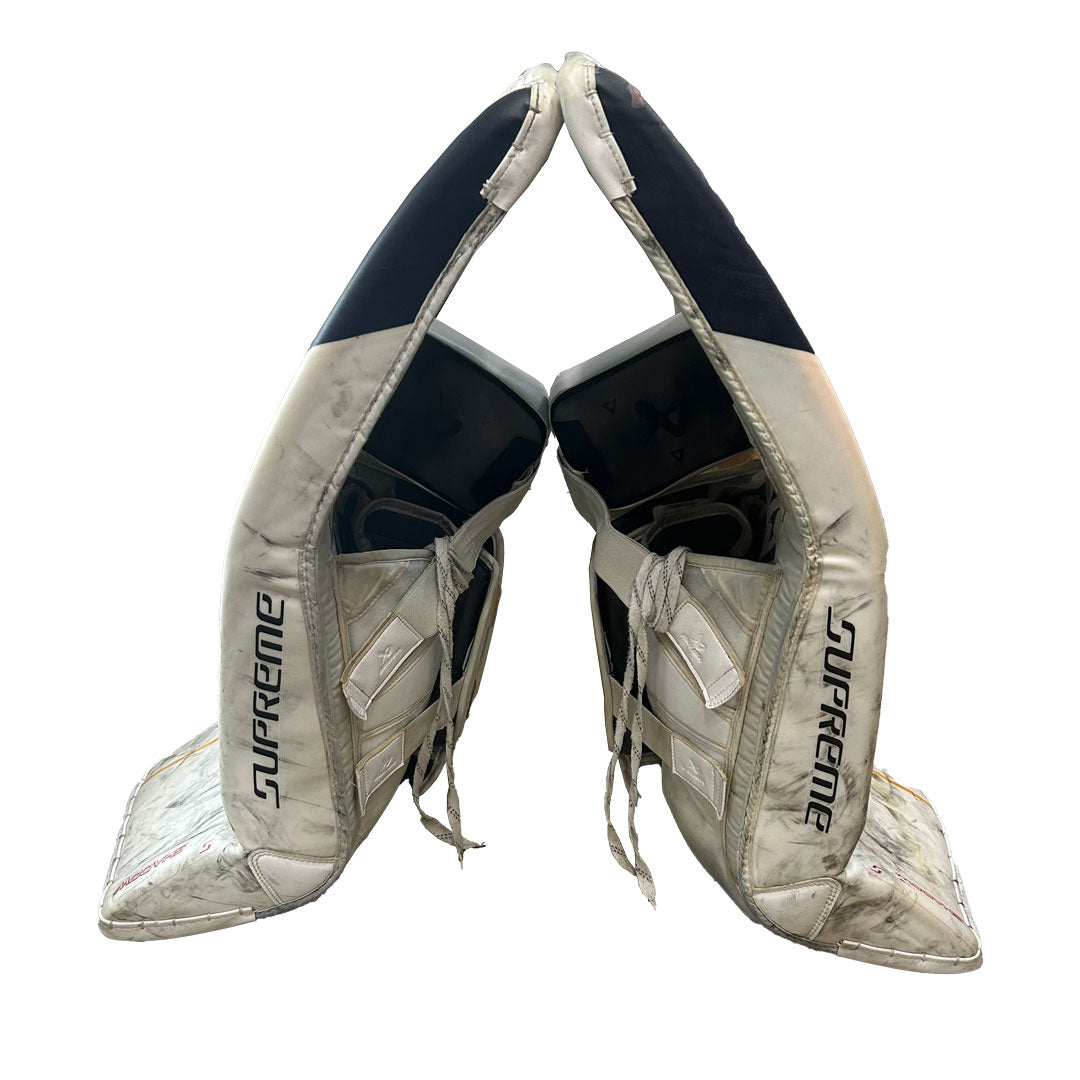 Bauer Supreme Shadow - Jambières de gardien de but Pro Stock d'occasion (blanc/bleu marine/jaune)